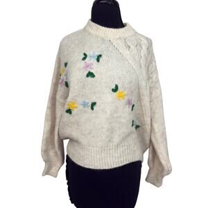 Pink Diamond Floral Embroidered Cable Knit Sweater Size Small Cream Cottagecore